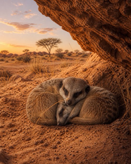 Two meerkats curled up together, resting with eyes closed on reddish sand under a rock overhang, with a sunset savanna landscape in the background.
