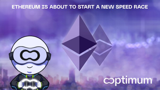 A promotional graphic stating 'ETHEREUM IS ABOUT TO START A NEW SPEED RACE' featuring a cartoon character in a VR headset holding a controller, alongside the Ethereum logo and the 'optimum' brand name.