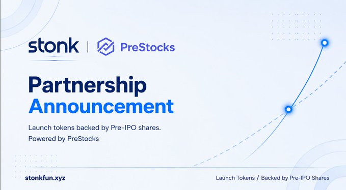 Partnership announcement graphic between Stonk and PreStocks promoting pre-IPO share-backed token launches. The image features branding for stonkfun.xyz with text reading "Partnership Announcement: Launch tokens backed by Pre-IPO shares. Powered by PreStocks," serving as promotional material to highlight the project's credibility and faster development pace compared to similar initiatives like $PONS mentioned in the post.