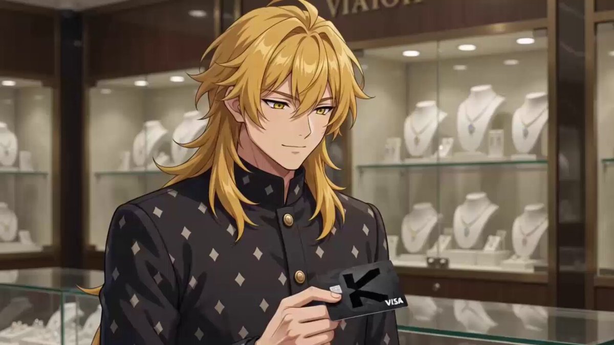 The image features a man with long blonde hair wearing a black jacket, holding a credit card or wallet that says "Visa" on it. The background of the image shows a jewelry store filled with various necklaces and other items displayed behind glass cases.