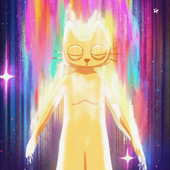 A golden, glowing cat figure with closed eyes stands centered against a vibrant, rainbow-streaked cosmic background filled with sparkles. The ethereal, meme-like aesthetic captures the whimsical and absurdist spirit of the post's lament about crypto trading regrets and CT's obsession with $CETS over $PIZZA.