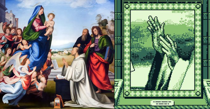 A side-by-side comparison shows a classical Renaissance painting of the Virgin Mary with the Christ child and kneeling saints on the left, contrasted with a pixelated close-up of a hand gripping a wallet on the right in a Game Boy-style green palette. The juxtaposition playfully echoes the post's caption by highlighting the hand grabbing the wallet as if stealing from the holy figures depicted in the religious artwork.