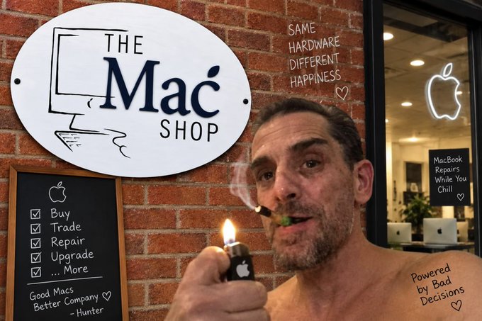 A shirtless man with a beard smokes from an Apple-branded lighter in front of "The Mac Shop" sign, which reads "Same Hardware, Different Happiness" and "Powered by Bad Decisions," humorously playing on the post's joke about Hunter Biden launching "$LAPTOP" — a play on $MAC stock and the Hunter Biden laptop scandal — with the meme suggesting "cooking" both literally (lighting up) and figuratively (launching a controversial product).