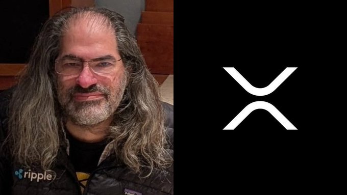 A man with long hair and glasses wearing a Ripple-branded jacket is pictured next to the white XRP logo on a black background. The image relates to the post by highlighting that Ripple's CTO David Schwartz confirms XRP's supply is fixed at 100 billion tokens, with no code existing to create additional supply.