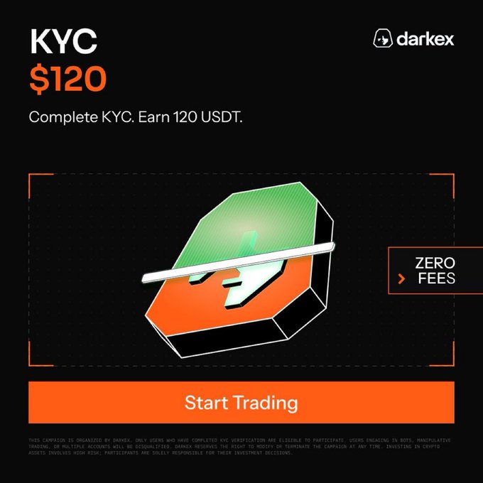 A darkex cryptocurrency advertisement promoting a KYC bonus of $120 USDT, featuring a green and orange geometric logo, a 'Zero Fees' badge, and a 'Start Trading' call-to-action button.