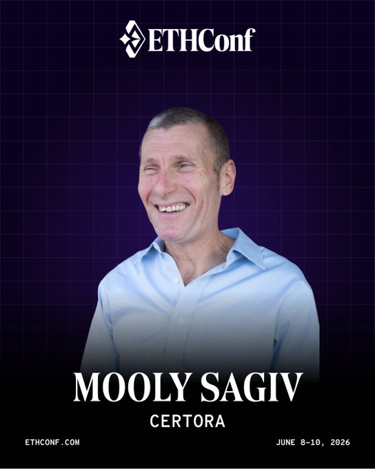 The image features a man wearing a blue shirt with white collar smiling for the camera. The background of the image has a purple grid pattern. Below the man's photo, there are some text elements that read "ETHConf", "@sagivmooly sgivin", and "Certora". These texts provide information about the speaker at the event or the name of the person featured in the image. The date and time for the event are also provided, indicating that it is scheduled to take place on June 8-9, 2020.