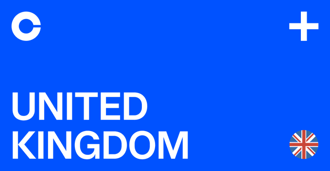 A blue graphic with bold white text reading "UNITED KINGDOM" alongside a Union Jack flag and a Coinbase logo, illustrating Coinbase's new investment services authorisation in the UK to offer derivatives and stock trading.