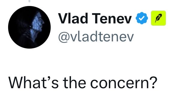 A tweet from Vlad Tenev (@vladtenev), the Robinhood CEO, with the caption "What's the concern?" — the post paired with the caption "we are winning" suggests a confident or dismissive response amid some controversy.