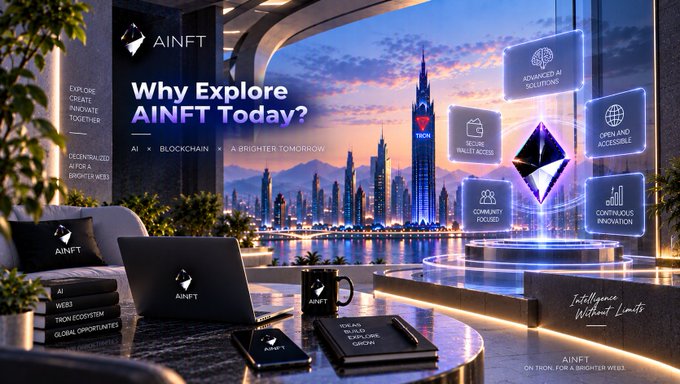 A futuristic promotional graphic for AINFT titled 'Why Explore AINFT Today?' featuring a cyberpunk cityscape, blockchain-themed feature cards (Secure Wallet Access, Community Focused, Open and Accessible, Continuous Innovation, Advanced AI Solutions), and branded merchandise including a laptop, mug, and phone.
