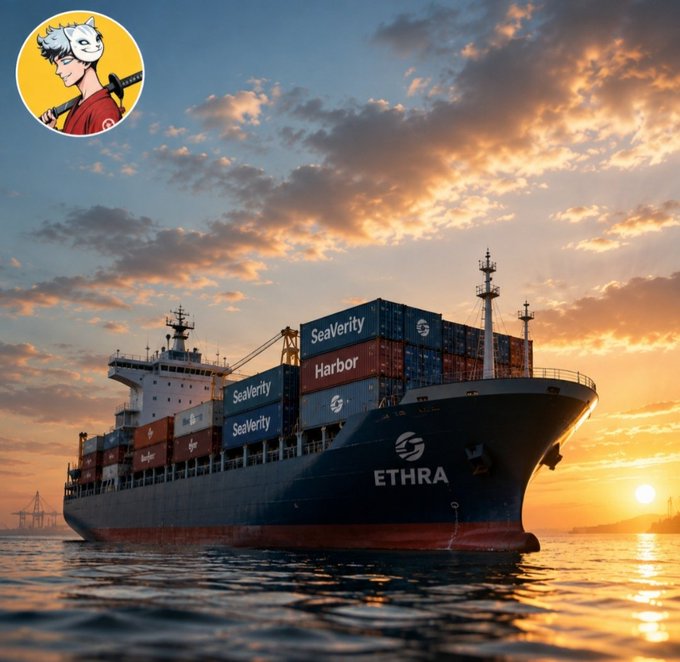 A large container ship with 'ETHRA' written on its hull sails at sunset, carrying containers labeled 'SeaVerity' and 'Harbor', with a circular logo in the top left corner.