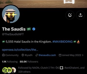 A Twitter profile page for "The Saudis" (@TheSaudisNFT) showing a verified account with 88.6K followers and 1.1K following, featuring a banner that reads "5,555 Halal Saudis in the Kingdom" with a link to their OpenSea collection. The profile is highlighted in a post recommending it as a solid project to watchlist alongside @boldpfps, with the author noting it's a potential "cook" worth not missing out on.