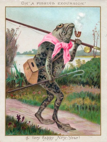 A vintage New Year's greeting card illustration titled 'ON A FISHING EXCURSION' and 'A very Happy New-Year!', depicting an anthropomorphic frog walking with a fishing rod, tackle box, and a pink scarf.