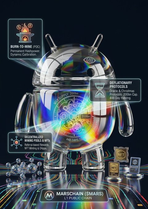 A futuristic iridescent Android figurine showcases MarsChain ($MARS) as an L1 public chain, with three labeled features: "BURN-TO-MINE (POC)" with permanent hashpower, "DEFLATIONARY PROTOCOLS" including Oracle & Christmas protocols with a 200bn cap and 448-day halving, and "DECENTRALIZED MINING POOLS & NFTs" offering referral-based rewards. The vibrant infographic visually reinforces the post's description of $MARS as a self-sustaining Web3 ecosystem driven by innovative consensus and deflationary mechanisms.