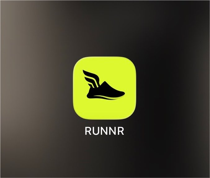 A logo for 'RUNNR' displayed on a dark gradient background, featuring a black winged running shoe icon inside a yellow-green rounded square.