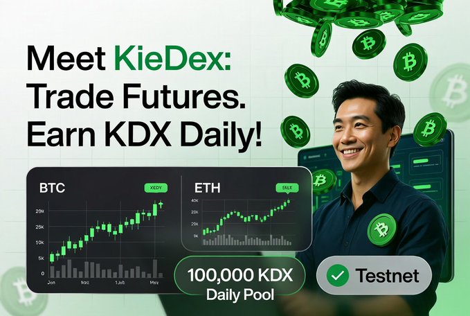 A promotional banner reading 'Meet KieDex: Trade Futures. Earn KDX Daily!' featuring a smiling man, green Bitcoin coins, BTC and ETH price charts, '100,000 KDX Daily Pool' badge, and a 'Testnet' indicator.
