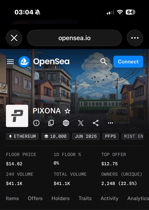 A screenshot of the PIXONA NFT collection on OpenSea shows a floor price of $14.62 with 2,248 unique owners and $41.1K in 24H volume, providing market context for the recent sale of 1 NFT for 0.014 ETH.