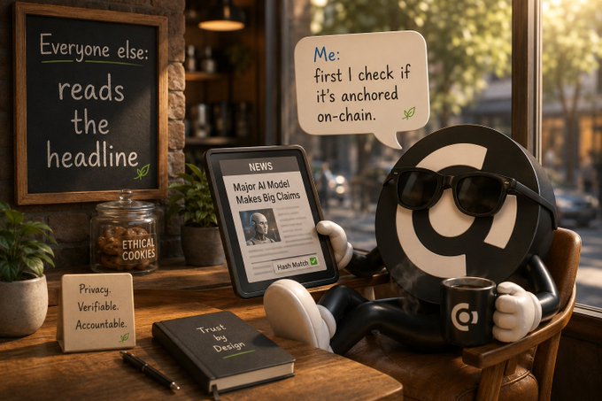 A cartoon-style meme showing a coffee-mug character with sunglasses reading a tablet in a cafe; a chalkboard reads 'Everyone else: reads the headline' while the character's speech bubble says 'Me: first I check if it's anchored on-chain,' with the tablet showing 'NEWS: Major AI Model Makes Big Claims.'
