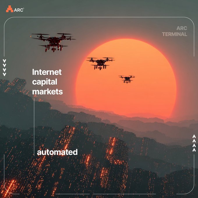 A futuristic graphic showing three drones flying in front of a large orange sun, overlaid with the text 'Internet capital markets', 'automated', and 'ARC ARC TERMINAL'.