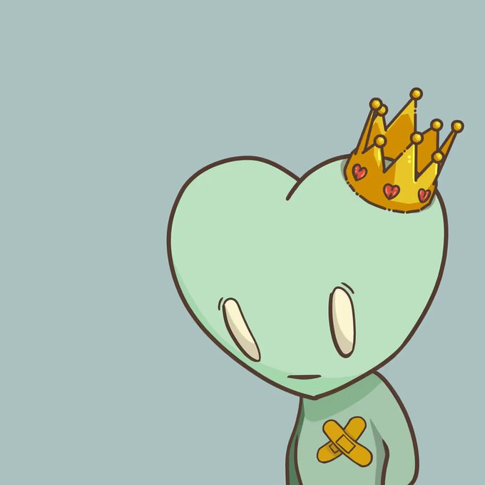 A 2D illustration depicts a light green, heart-headed character with a bandage on its chest, wearing a golden crown decorated with red hearts.