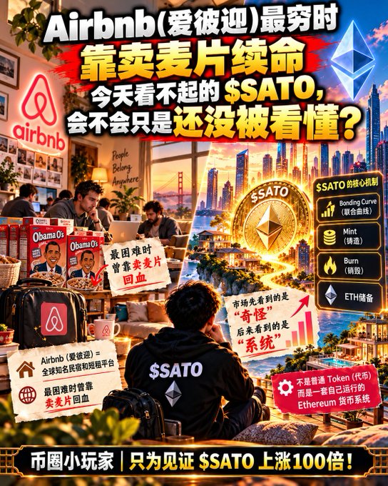 A promotional graphic featuring Chinese text comparing Airbnb to '$SATO' crypto token, with bullet points like 'Bonding Curve', 'Mint', 'Burn', and 'ETH储备'.