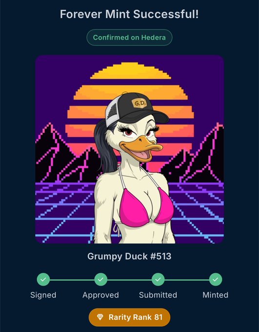 A screenshot of an NFT minting confirmation for "Grumpy Duck #513" with a Rarity Rank of 81, showing a cartoon duck character in a pink bikini and trucker hat against a synthwave background.