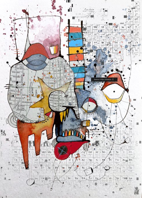An abstract mixed-media artwork featuring a colorful cat-like figure, a yellow fox-like character, and a whimsical face, all set against a background collage of the periodic table of elements with watercolor splatters.