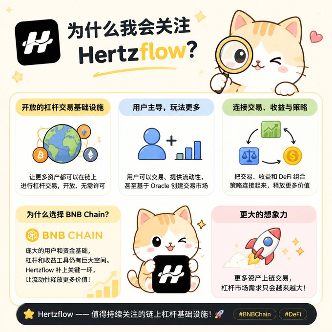 A Chinese infographic titled '为什么我会关注 Hertzflow?' (Why should I follow Hertzflow?) detailing the platform's features as an open leverage trading infrastructure on BNB Chain, illustrated with a cute cat mascot holding a magnifying glass.