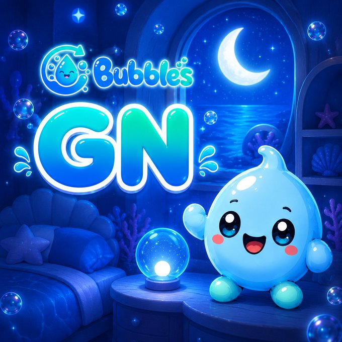 A vibrant digital illustration featuring a cute blue water droplet character with a smiling face, set in a dreamy nighttime underwater scene with a crescent moon, bubbles, and the text 'Bubbles ON' prominently displayed.