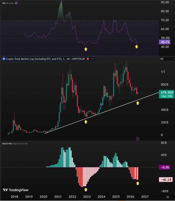 A TradingView monthly chart of Crypto Total Market Cap Excluding BTC and ETH (CRYPTOCAP:TOTAL3) displayed in USD, showing an ascending trendline support near $678.38B, with yellow arrows highlighting the RSI at 45.73 approaching oversold lows and a MACD histogram bottoming at -40.38B—both indicators pointing to potential trend reversal signals on the 1M timeframe.
