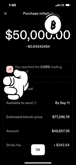 A mobile app screenshot showing a Bitcoin purchase initiation of $50,000.00 for ~0.64242484 BTC, with a cartoon hand pointing at a notification.