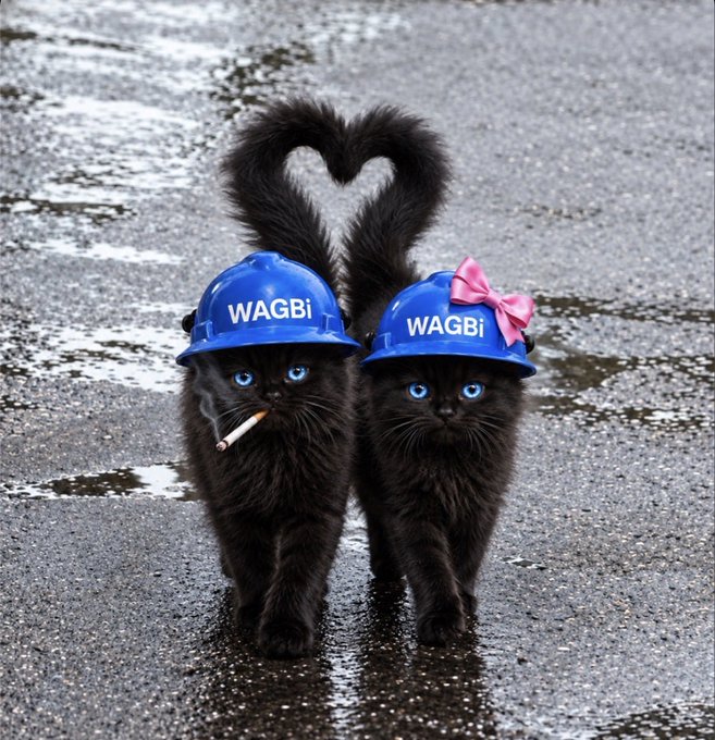 Two adorable black kittens wearing blue hard hats labeled 'WAGBi' walk side by side on wet pavement, with their tails curved together to form a heart shape; one kitten smokes a cigarette and the other wears a pink bow.