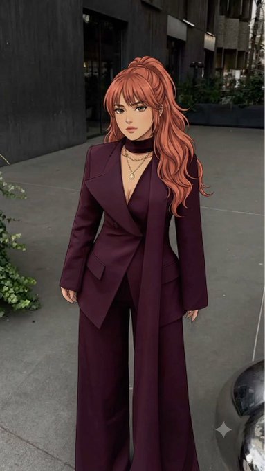 An anime-style illustration of a woman with long orange hair wearing a deep purple/burgundy suit and choker necklace, standing on a city street.