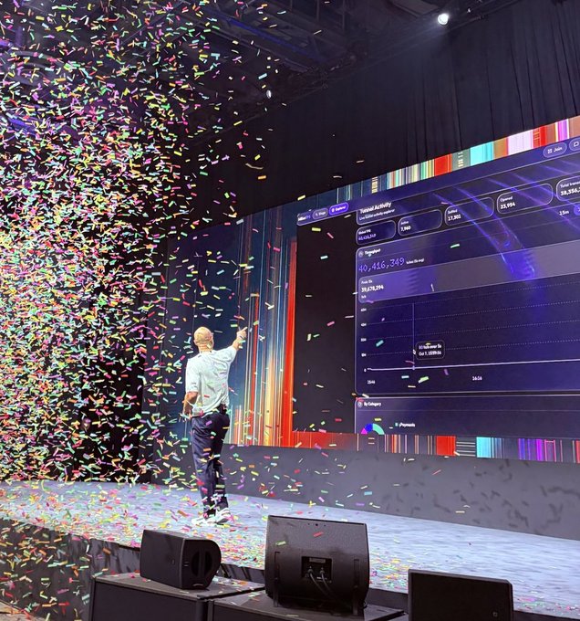 A man stands on stage pointing at a large screen displaying Twitter/X analytics data showing '40,416,349' views for a tweet, while colorful confetti rains down around him.