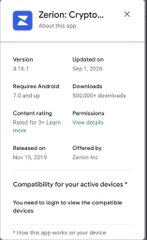 A mobile app store listing for "Zerion: Crypto..." showing it requires Android 7.0 and up, last updated Sep 3, 2025, with 500,000+ downloads and a 3+ Learn content rating.