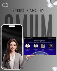 An advertisement features a smartphone displaying a woman's face alongside an infograph titled 'SPEED IS MONEY' and 'Basing Info' with charts and graphs.