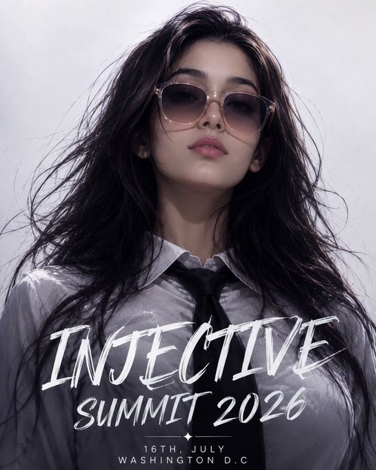 Promotional poster for 'INJECTIVE SUMMIT 2026' on 16th July in Washington D.C., featuring a woman with sunglasses.