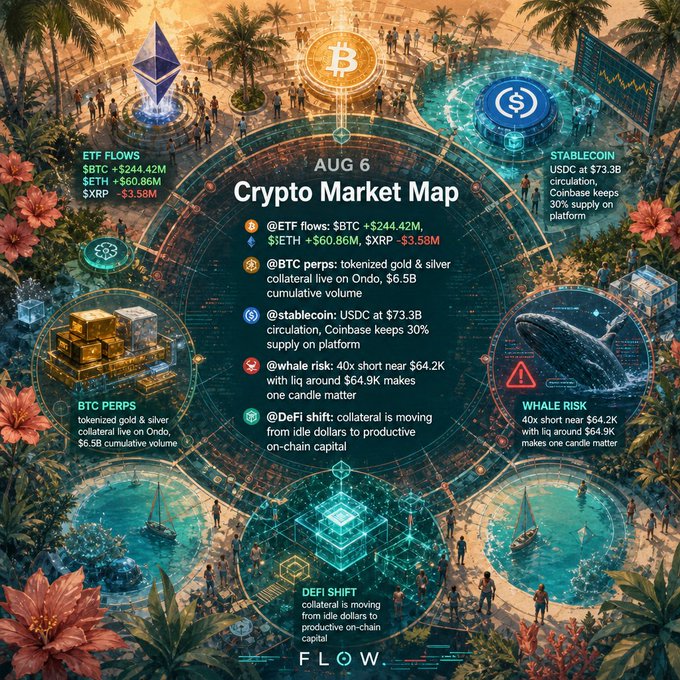 An infographic titled 'AUG 6 Crypto Market Map' displays crypto data including 'ETF FLOWS: $BTC +$244.42M', 'BTC PERPS', 'STABLECOIN', 'WHALE RISK', and 'DEFI SHIFT', set against a circular tropical scene with palm trees and water.