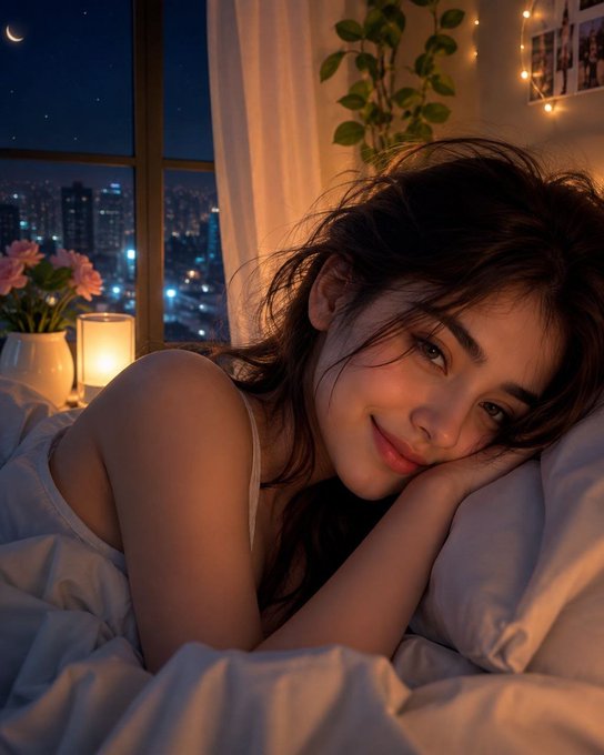 A portrait of a smiling young woman resting her head on her hand on a bed, illuminated by warm candlelight, with a nighttime city skyline visible through the window behind her.