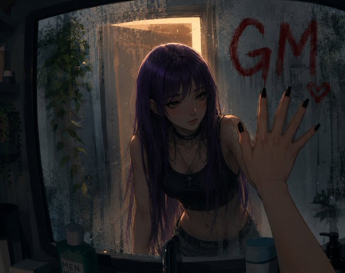 An anime-style digital artwork of a purple-haired girl with 'GM' written in red on a foggy mirror, with a hand reaching toward her.