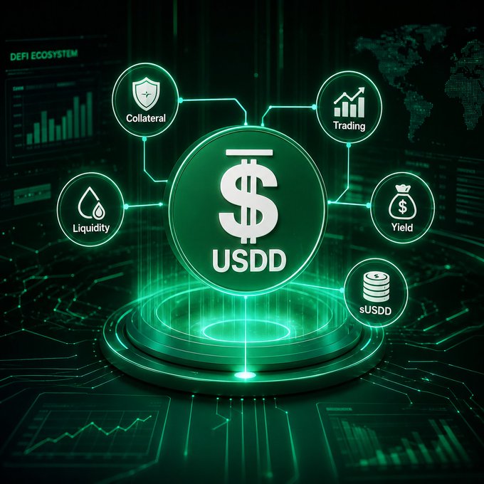 A glowing green "DeFi Ecosystem" graphic centers on a large USDD coin, connected to icons for Collateral, Trading, Yield, sUSDD, and Liquidity—visually illustrating how USDD functions as productive DeFi infrastructure beyond a simple stablecoin. The image reinforces the post's message by mapping USDD's roles in lending, trading, and yield generation.