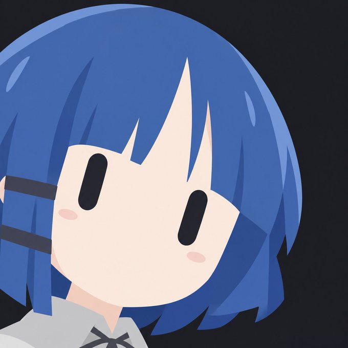 A close-up anime-style illustration of a character with short blue hair, simple dot eyes, and pink blushing cheeks against a dark background.