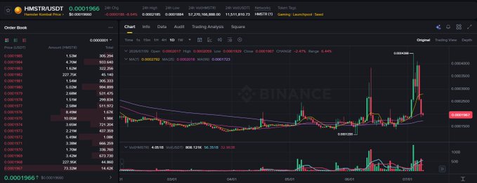 A Binance trading chart for the HMSTR/USDT pair shows a dramatic price spike of the meme token to 0.0002017, accompanied by a surge in 24-hour trading volume to 7,270,168,000, alongside Toncoin activity—illustrating the "Ton changed to Gram and pushed the chart, dragging HMSTR to pump" rally described in the post, before a sharp pullback.