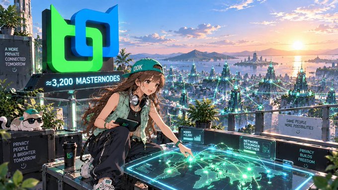 A stylized anime character wearing a "BDX" cap interacts with a glowing holographic network map labeled "≈3,200 MASTERNODES," visually echoing the post's description of Beldex ($BDX) serving multiple roles — including powering masternodes, BNS burn mechanics, and Privacy Gateway infrastructure — beneath slogans like "PRIVACY PEOPLE & BRIGHTER TOMORROW" and "NETWORK STRONGER TOGETHER."