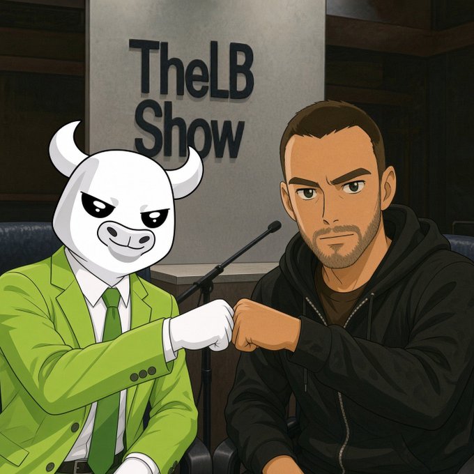 An illustrated scene showing a white bull mascot in a green suit fist-bumping a bearded man in a black hoodie on "The LB Show."