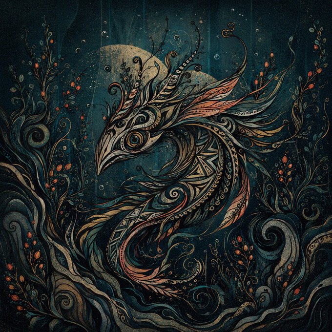 Intricate illustration of a swirling, stylized sea creature or dragon with decorative patterns in teal, orange, and gold against a dark, starry background.