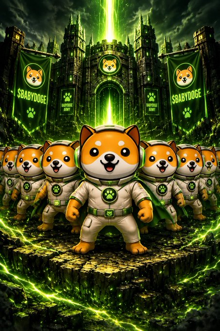 A group of cartoon Shiba Inu dogs in white space suits stand triumphantly in front of a glowing green castle, with banners reading "$BABYDOGE BABYDOGE ARMY" flanking the scene, visually reinforcing the post's call to keep building the $BABYDOGE army.