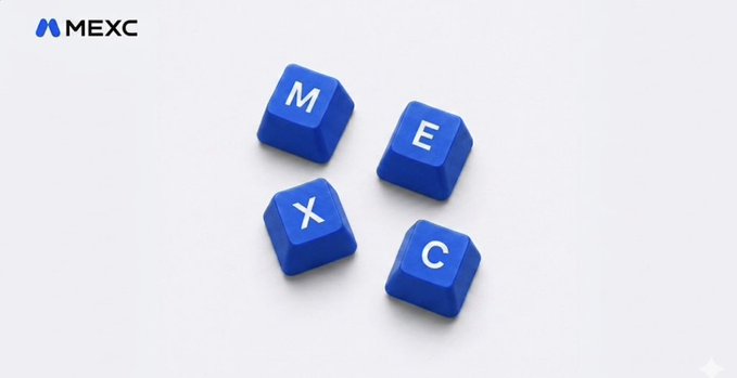 The image shows four blue keys with white letters spelling out "MEXC" arranged in a square formation, placed against a white background. The text "MEXC" can be seen clearly at the bottom of the image.