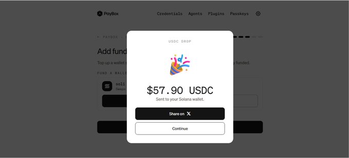 A USDC drop notification for $57.90 sent to a Solana wallet appears over the PolyBox website, with options to share on X or continue.