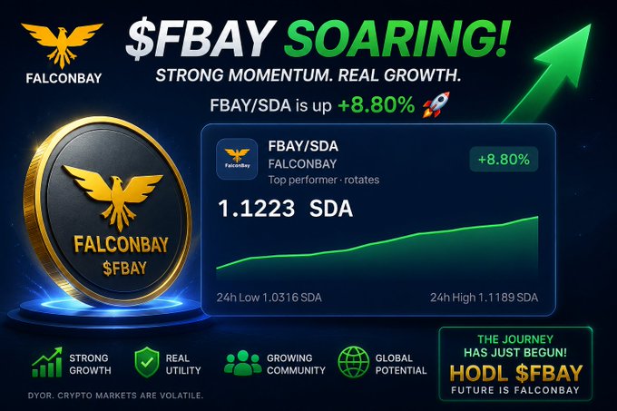A promotional graphic for FalconBay ($FBAY) features a glowing gold coin logo and announces "$FBAY SOARING!" with a +8.80% gain, showing the FBAY/SDA pair reaching 1.1223 SDA on an upward-trending chart. The image reinforces the accompanying post's bullish message by highlighting "Strong Growth," "Real Utility," "Growing Community," and "Global Potential" alongside a call to "HODL $FBAY."