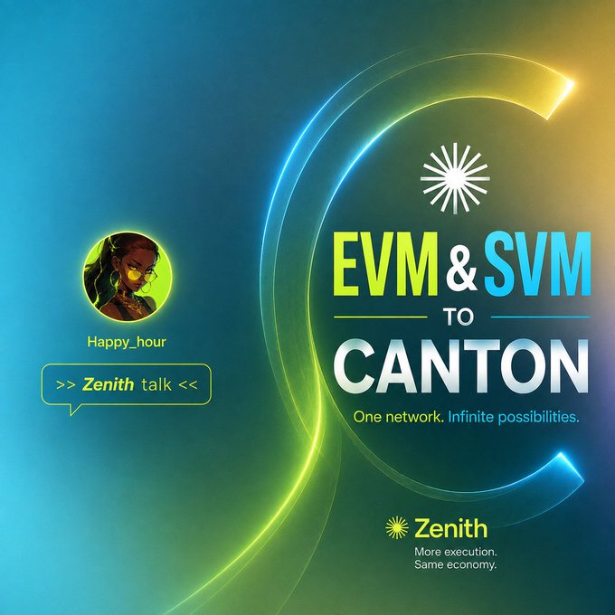 A promotional graphic titled 'EVM & SVM TO CANTON' with the tagline 'One network. Infinite possibilities.' featuring the Zenith logo and a character avatar labeled 'Happy_hour Zenith talk'.